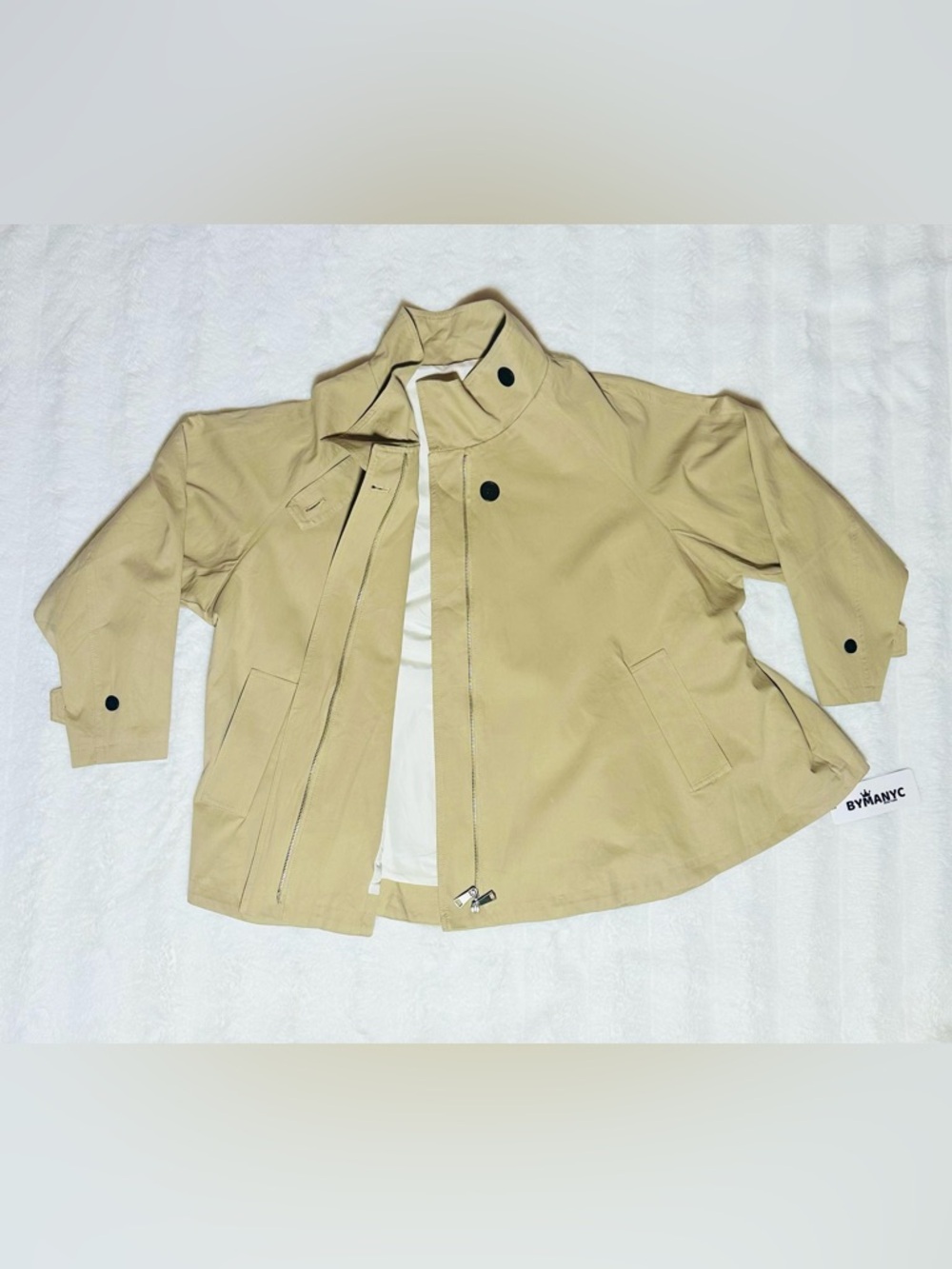 Beige Oversized Trench Jacket with Black Button Accents